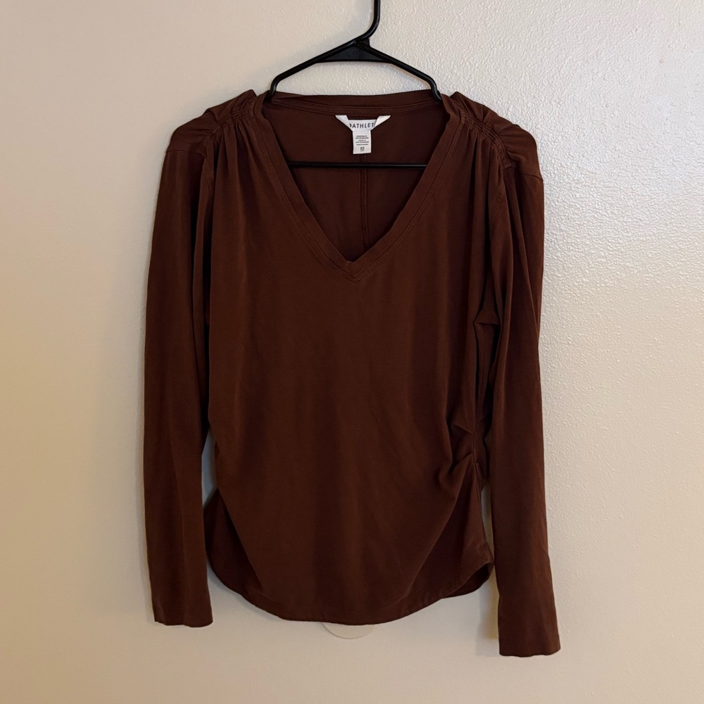Athleta Brown V-Neck Long Sleeve Top with Gathered Shoulders